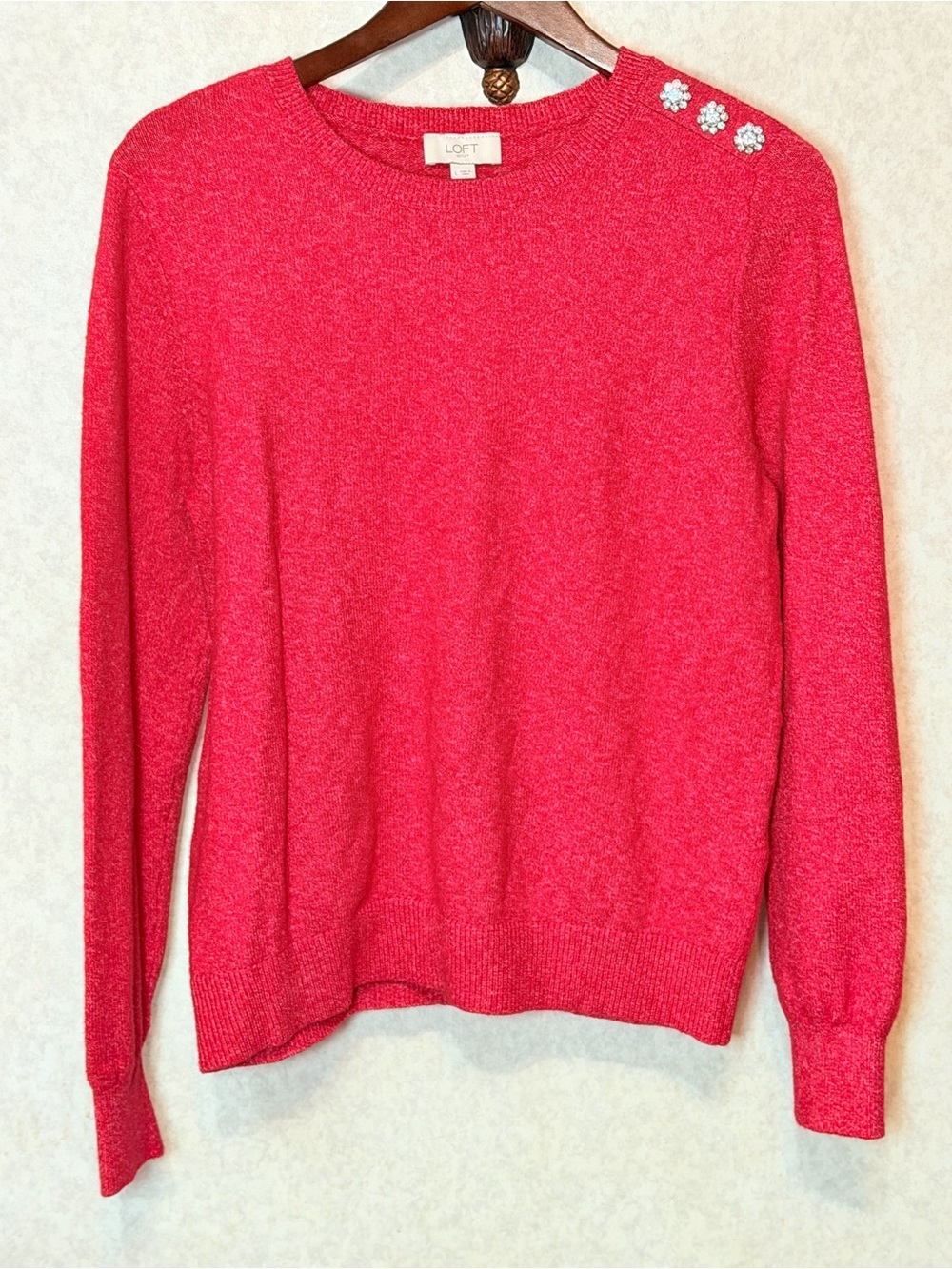 LOFT Outlet Red Embellished Shoulder Sweater Rhinestone Floral Crewneck Large - Picture 2 of 10